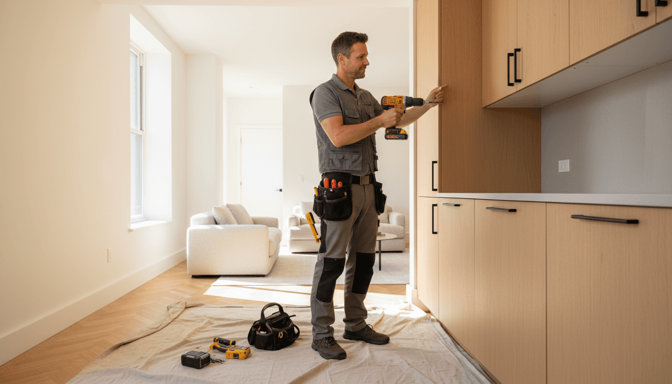 Contractor inspecting newly installed kitchen cabinets in a bright New York apartment