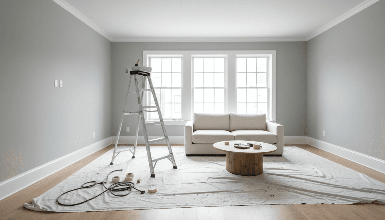 Freshly painted room with painter's ladder and supplies