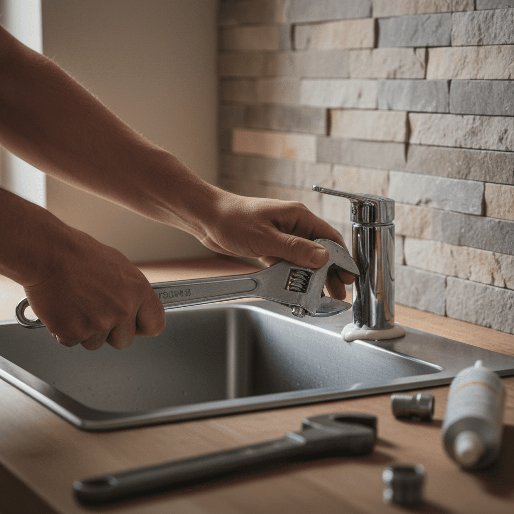 Contractor installing a kitchen faucet by hand