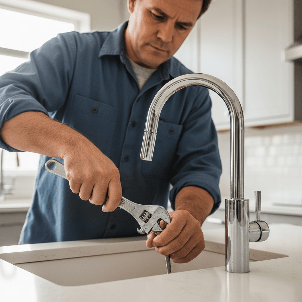 Contractor's hands tightening a kitchen faucet with a wrench