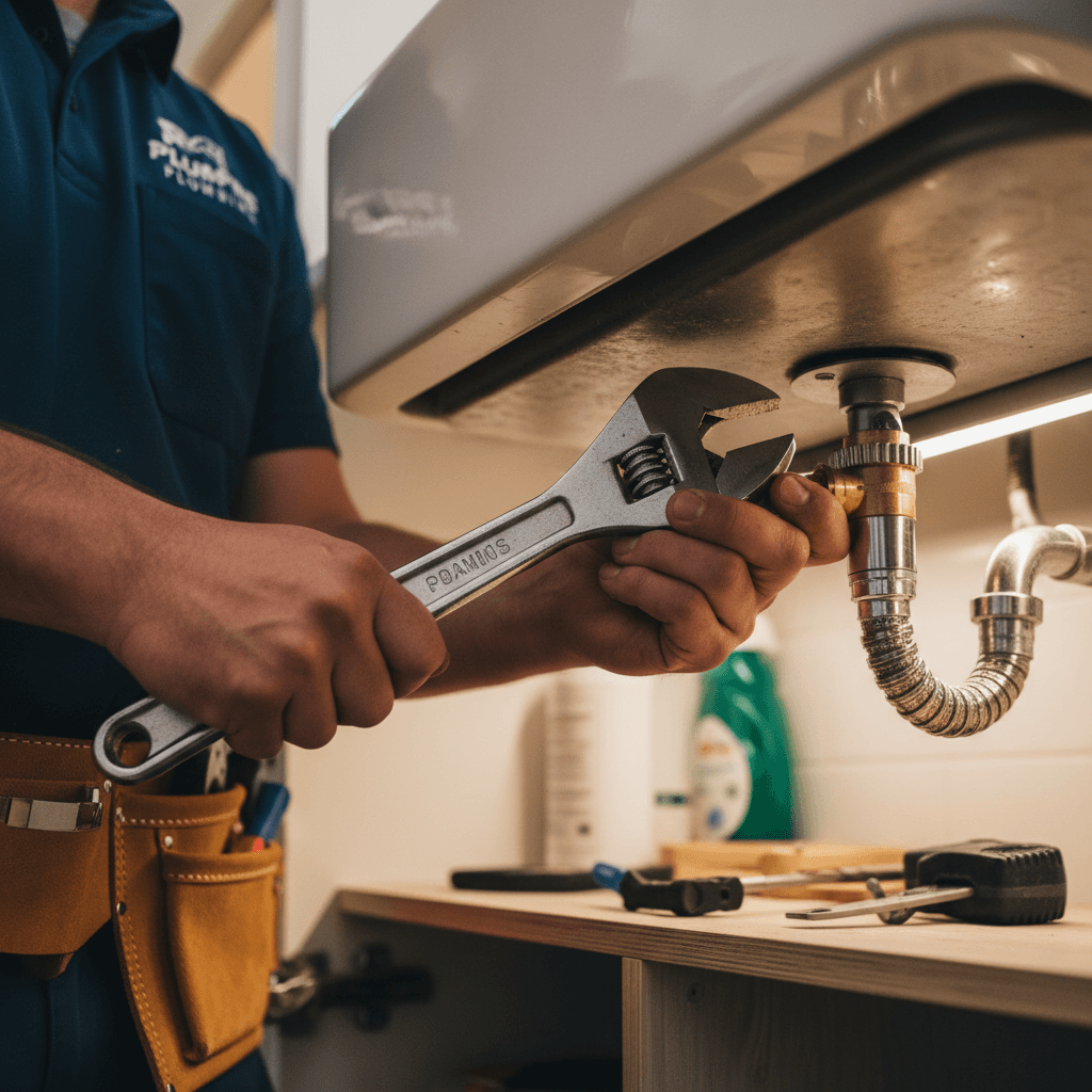 Plumber's hands tightening a pipe fitting under a kitchen sink