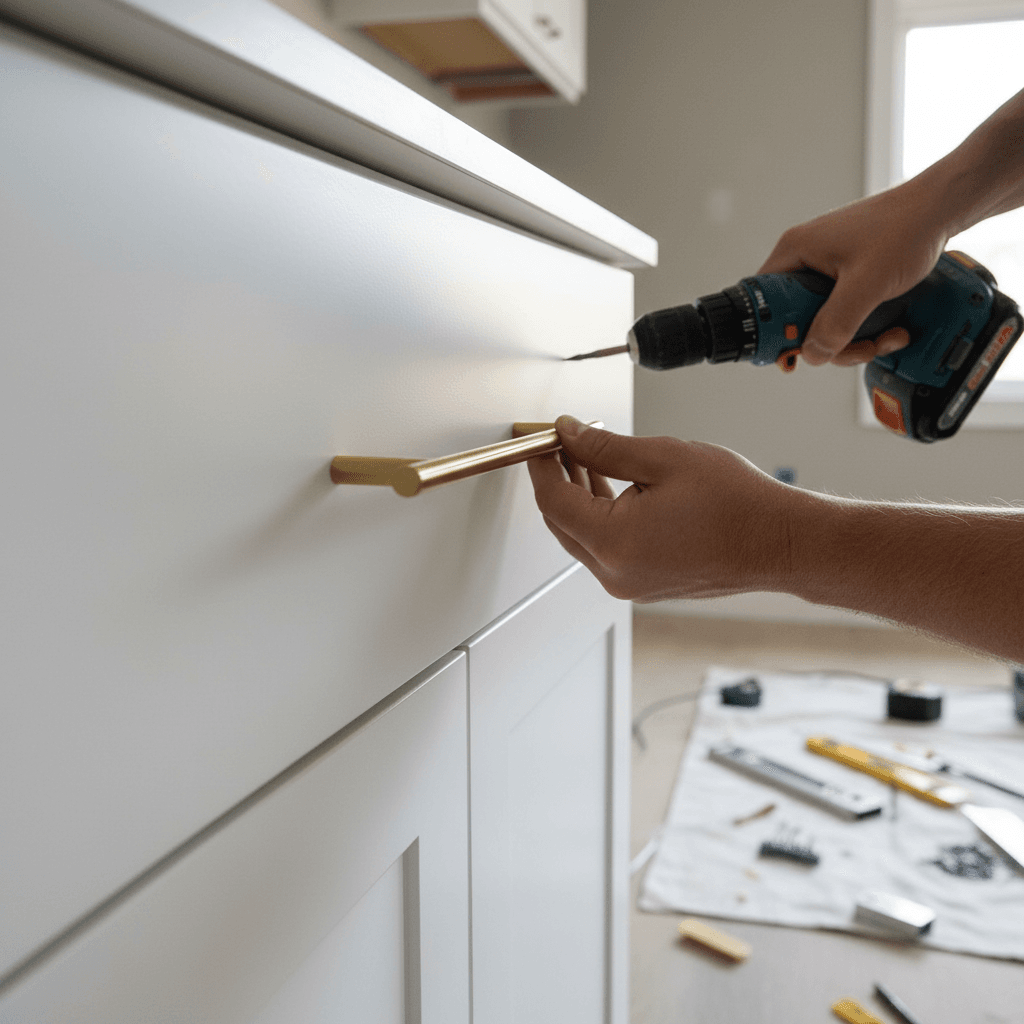 Contractor installing a cabinet hinge in a renovated kitchen