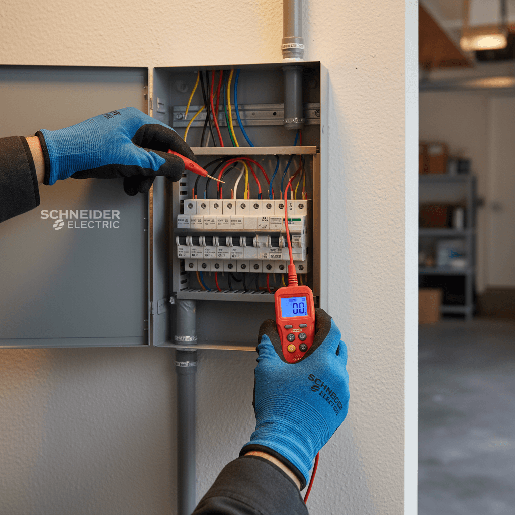 Electrician in a well-lit New York apartment checking a breaker panel