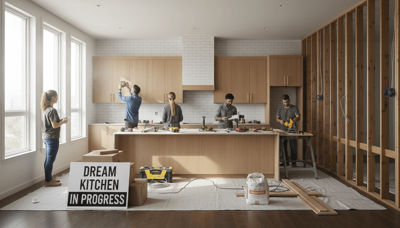 Construction team installing cabinetry and tile in mid-renovation kitchen with natural light and exposed work areas