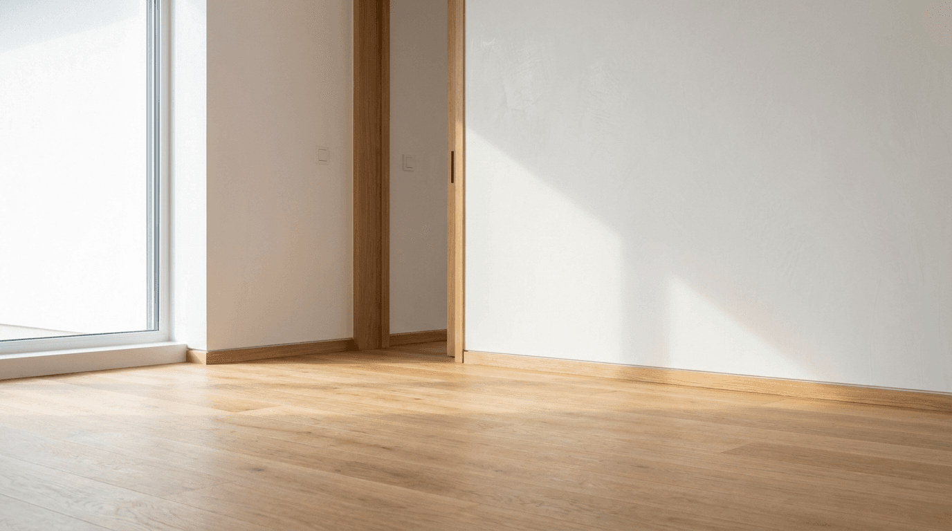 Freshly renovated living room with new hardwood flooring and painted walls