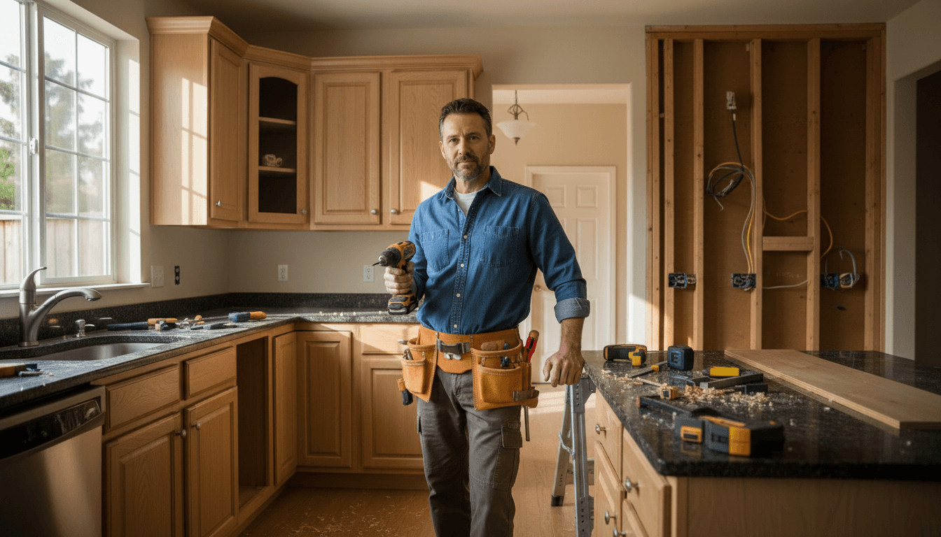 Contractor reviewing work with a homeowner in a renovated kitchen
