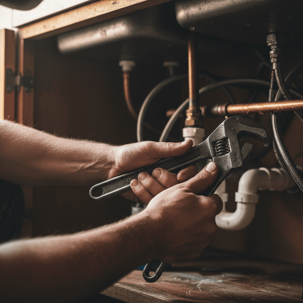 Plumber's hands tightening copper pipe with adjustable wrench beneath kitchen sink cabinet