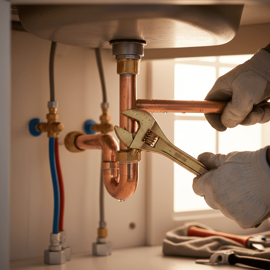 Close-up of a plumber's hands tightening a copper pipe fitting under a sink