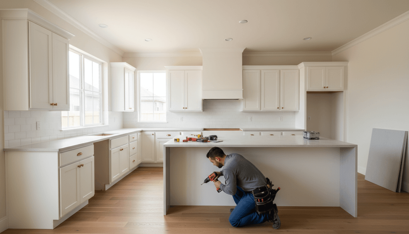 Modern kitchen renovation with new cabinets and stone tile backsplash