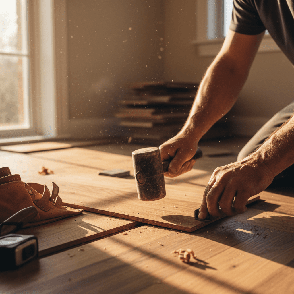 Skilled tradesperson's hands precisely installing tongue-and-groove timber flooring with professional tools in workshop lighting