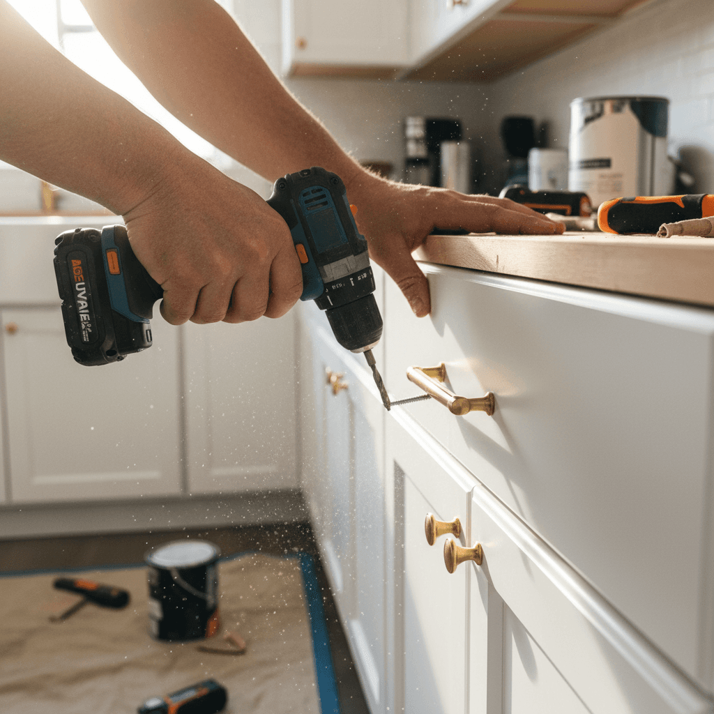 Contractor adjusting a cabinet hinge during a home repair